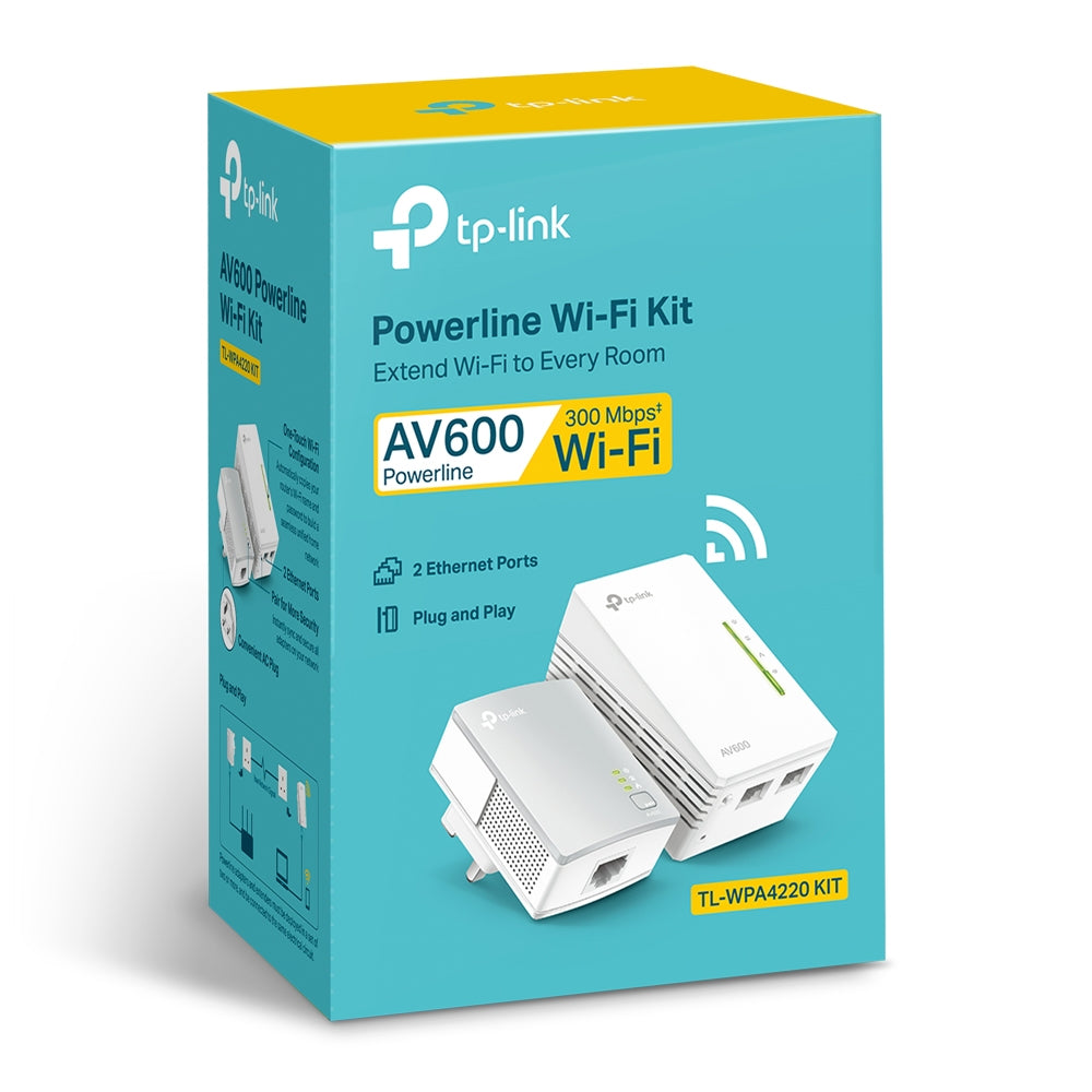 TP-Link TL-WPA4220 KIT AV600 Powerline Wi-Fi Booster 2 LAN, KIT — packaging, two units and 2 Ethernet Ports callout shown