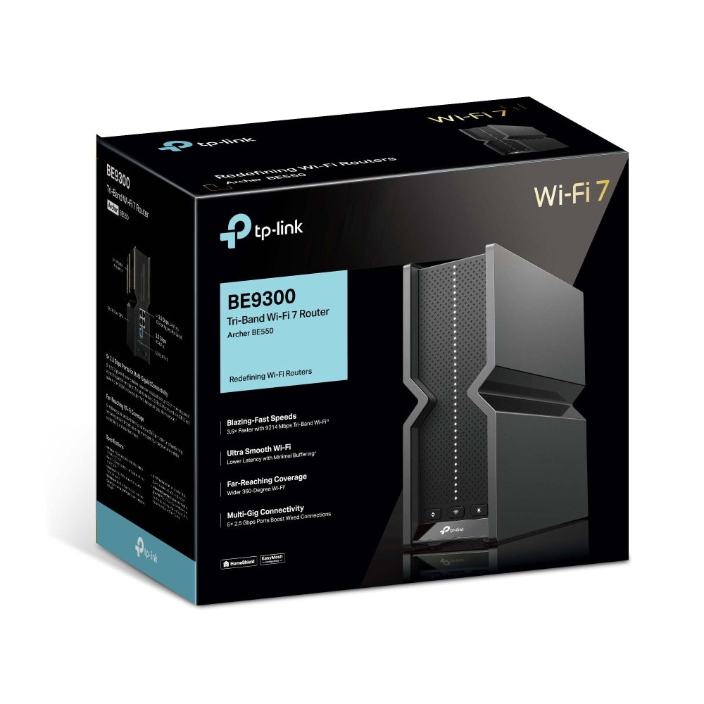 TP-Link Archer BE550 retail packaging (marked BE9300 tri-band Wi-Fi 7 class)