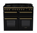 Rangemaster Estel Deluxe 110 Dual Fuel range cooker in Gloss Black with Antique Brass trim