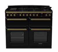 Rangemaster Estel Deluxe 110 Dual Fuel range cooker in Gloss Black with Antique Brass trim