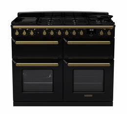Rangemaster Estel Deluxe 110cm Dual Fuel Range Cooker - Gloss Black with Brass Trim | ESDLB110DFPGBL/AB1