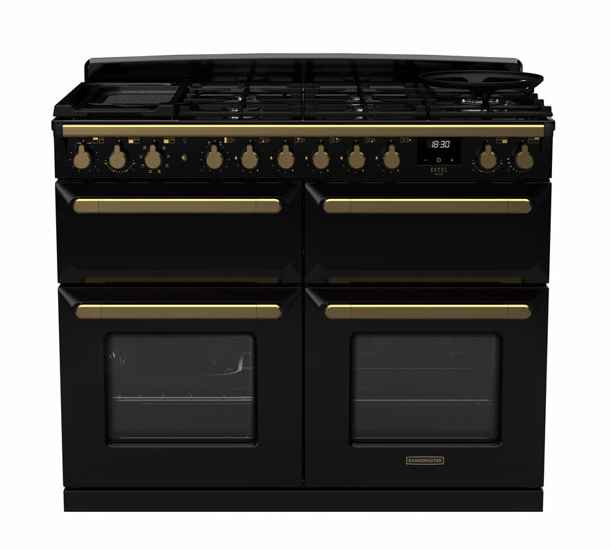 Rangemaster Estel Deluxe 110 Dual Fuel range cooker in Gloss Black with Antique Brass trim