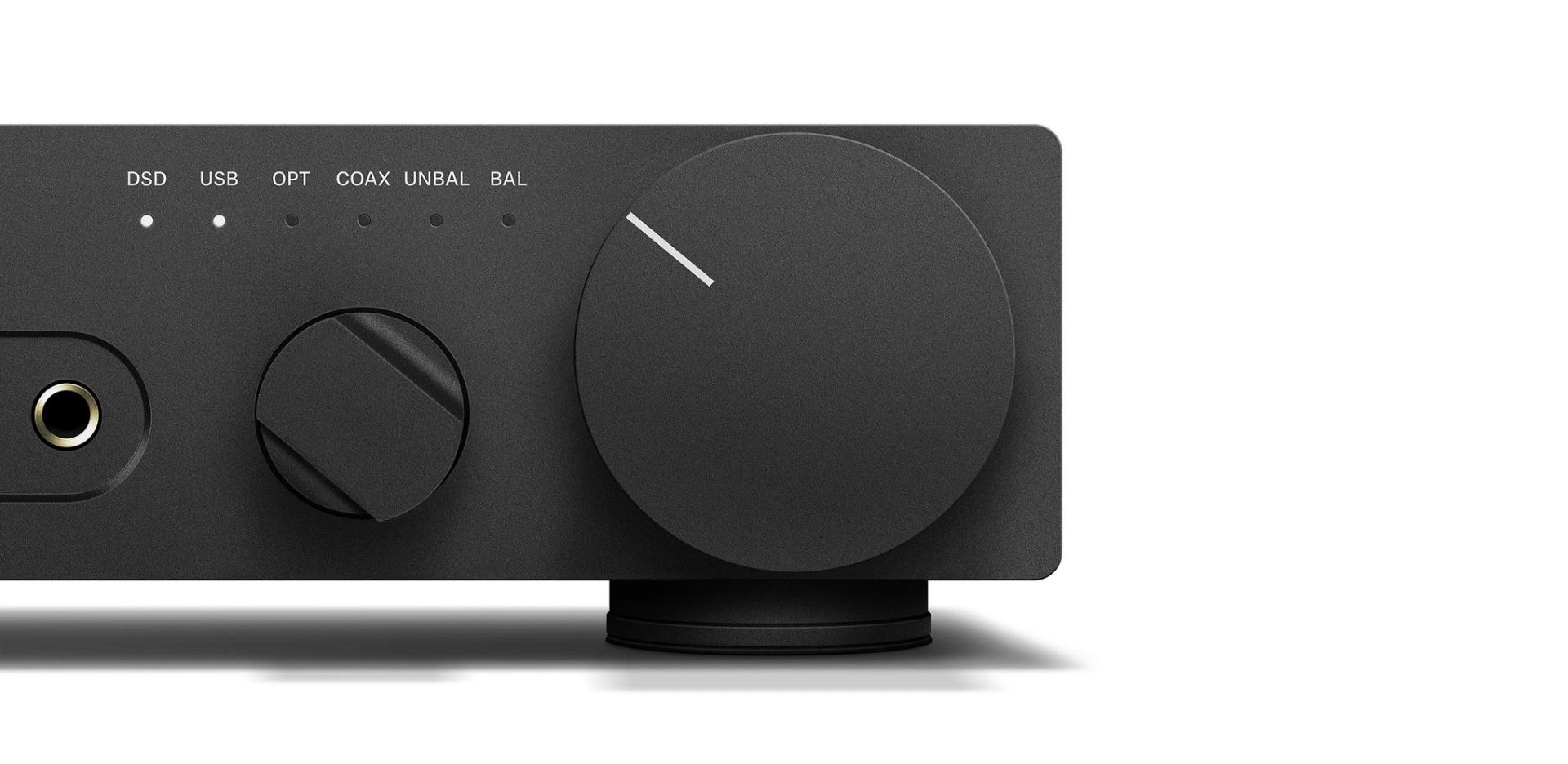Sennheiser HDV 820 Headphone Amplifier — front panel detail, volume knob and inputs