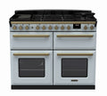 Rangemaster Estel Deluxe 110 Dual Fuel range cooker in Misty Blue with Antique Brass trim