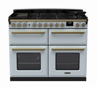 Rangemaster Estel Deluxe 110 Dual Fuel range cooker in Misty Blue with Antique Brass trim