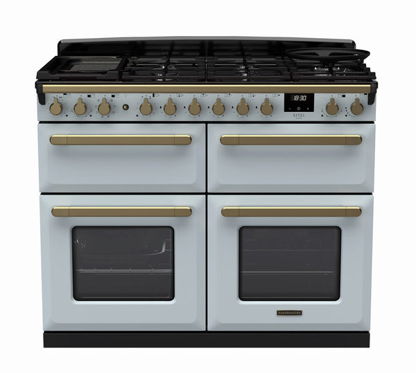 Rangemaster Estel Deluxe 110 Dual Fuel range cooker in Misty Blue with Antique Brass trim
