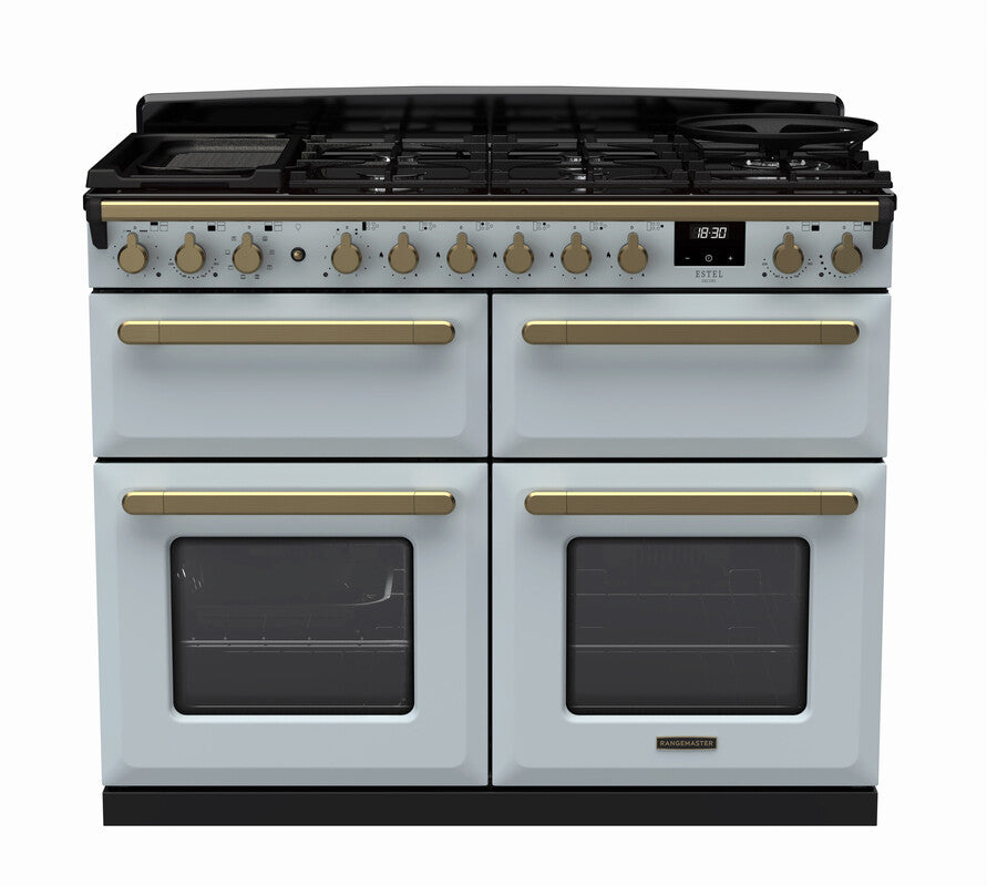 Rangemaster Estel Deluxe 110 Dual Fuel range cooker in Misty Blue with Antique Brass trim