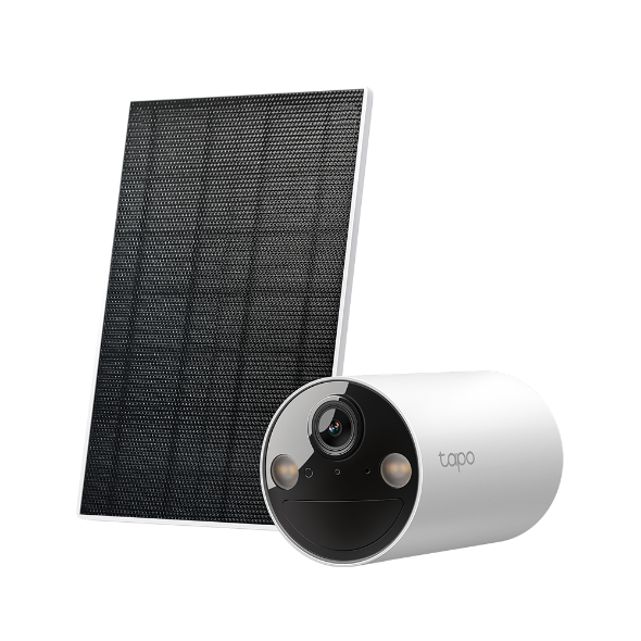 Tapo C410 KIT solar-powered security camera with solar panel, studio shot showing both kit components