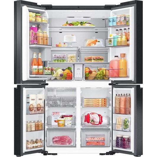 Samsung Family Hub RF65DG9H0EB1EU fridge freezer with all doors open, filled with food