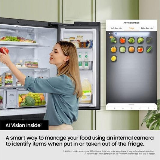 Samsung Family Hub RF65DG9H0EB1EU fridge freezer with AI Vision Inside, woman placing food inside