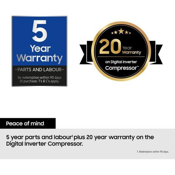 Samsung Family Hub RF65DG9H0EB1EU fridge freezer warranty graphic, 5 years and 20 years on the compressor