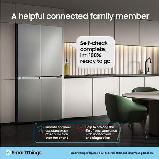 Samsung Family Hub RF65DG9H0EB1EU fridge freezer SmartThings self-check graphic in a kitchen