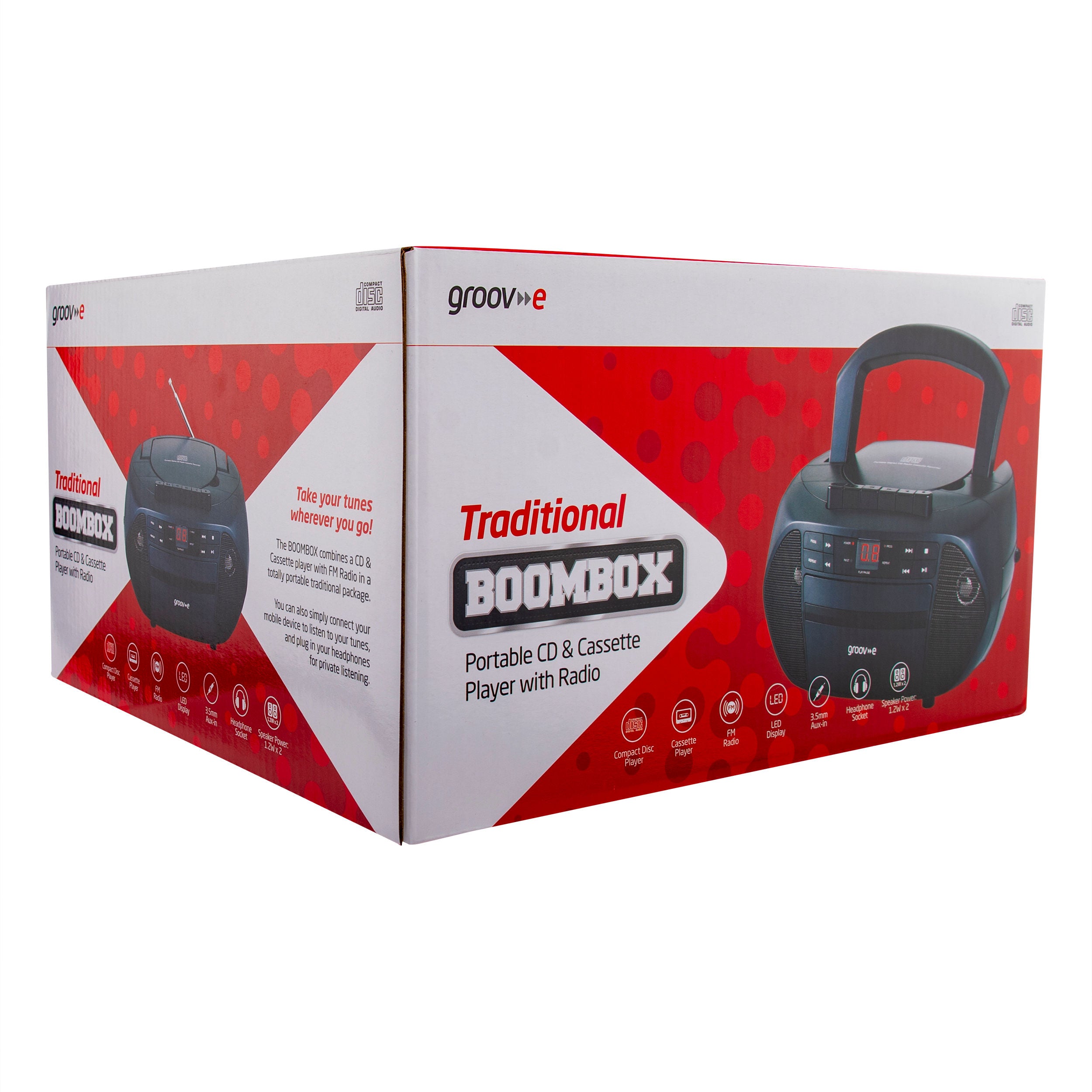 Groov-e Traditional Boombox CD Cassette and FM Radio Black - official product image