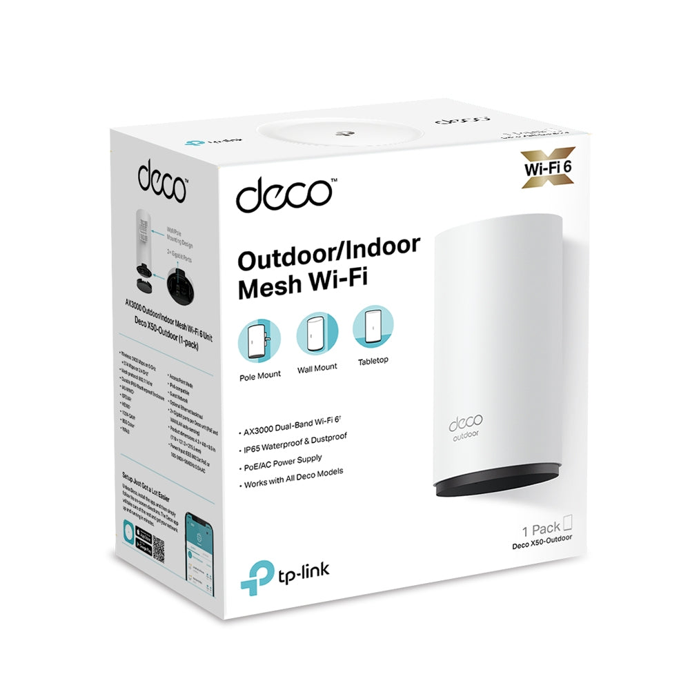 TP-Link Deco X50-Outdoor retail packaging with single unit, labelled 1 Pack