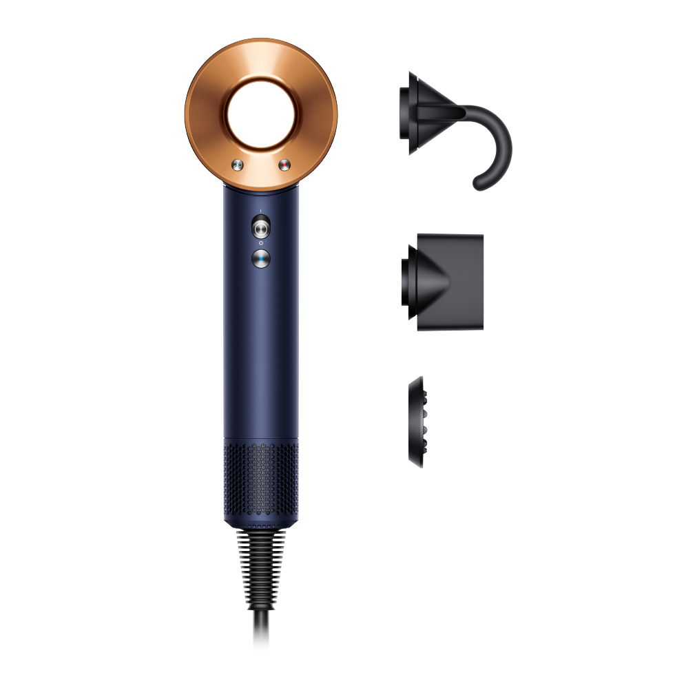 Dyson Supersonic Straight+Wavy Hair Dryer - Prussian Blue/Rich Copper - front view with attachments
