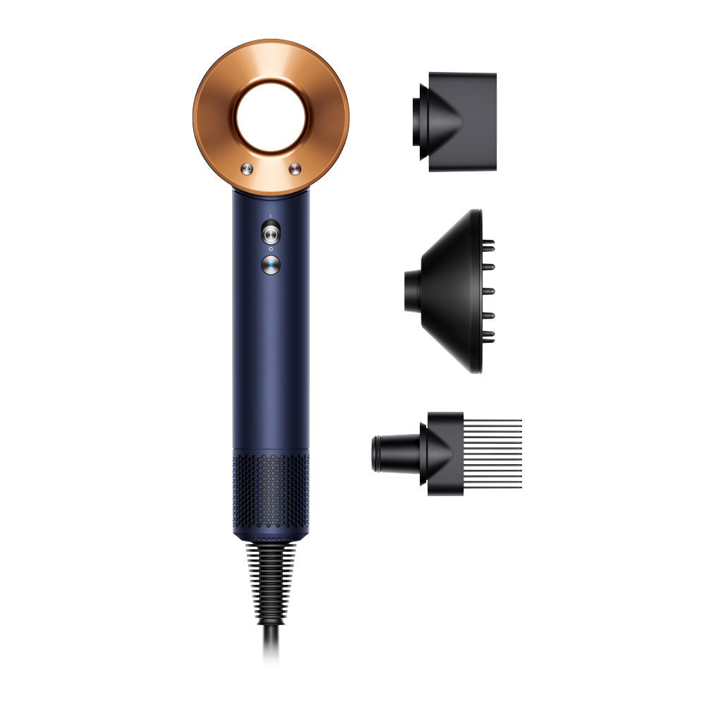 Dyson Supersonic Curly+Coily Hair Dryer - Prussian Blue/Rich Copper - front view with attachments