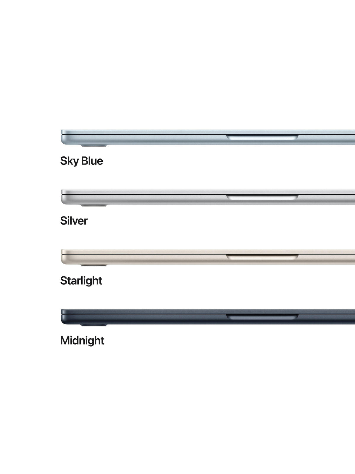 Apple MacBook Air 13" M5 16GB/512GB Laptop - Silver - side profile colour line-up: Sky Blue, Silver, Starlight, Midnight