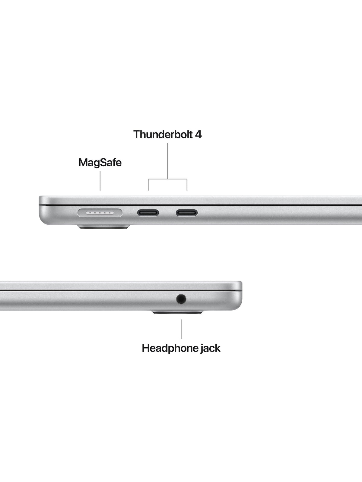 Apple MacBook Air 13" M5 16GB/512GB Laptop - Silver - ports: MagSafe, two Thunderbolt 4 and headphone jack (captioned)