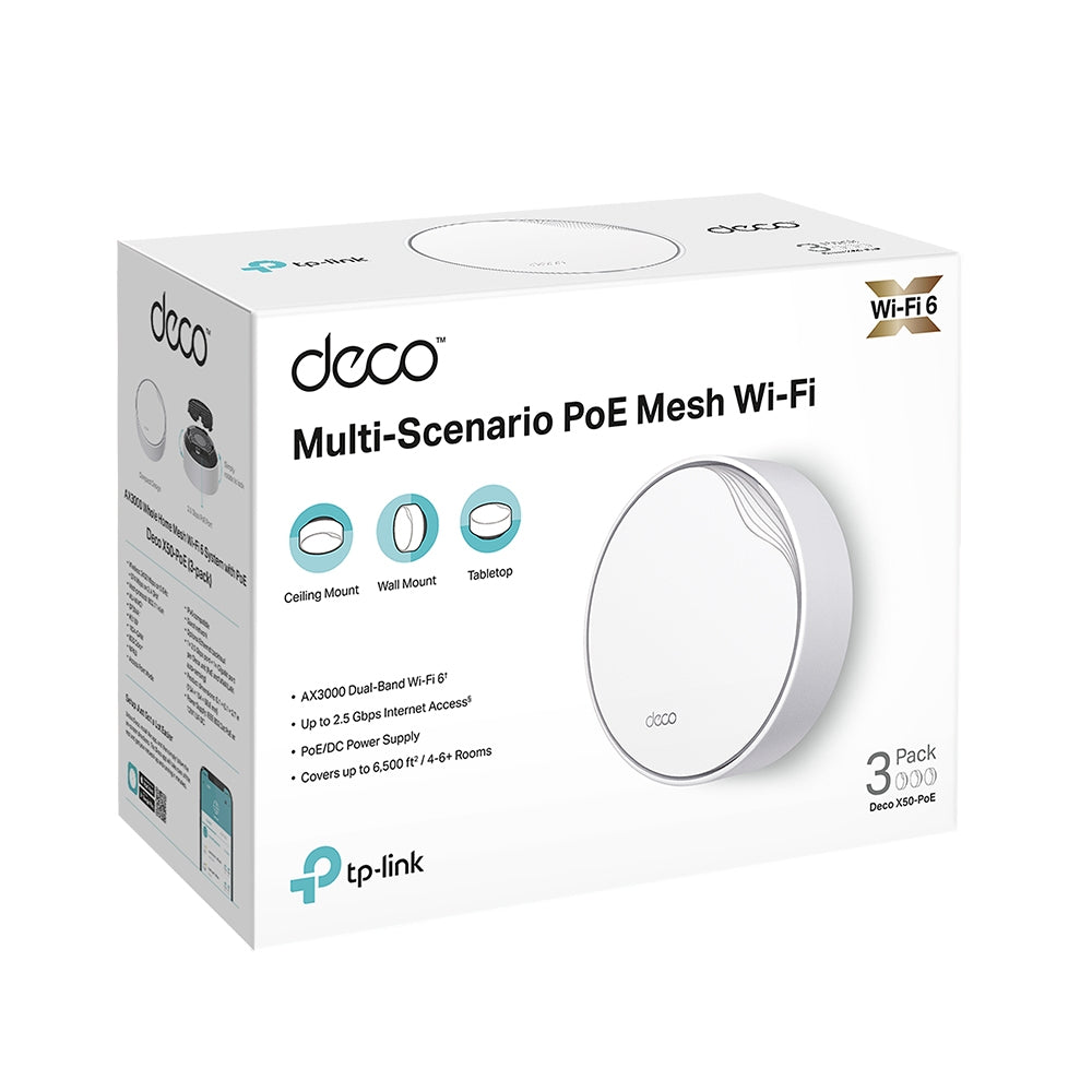 TP-Link Deco X50-PoE retail packaging with three units shown on box art