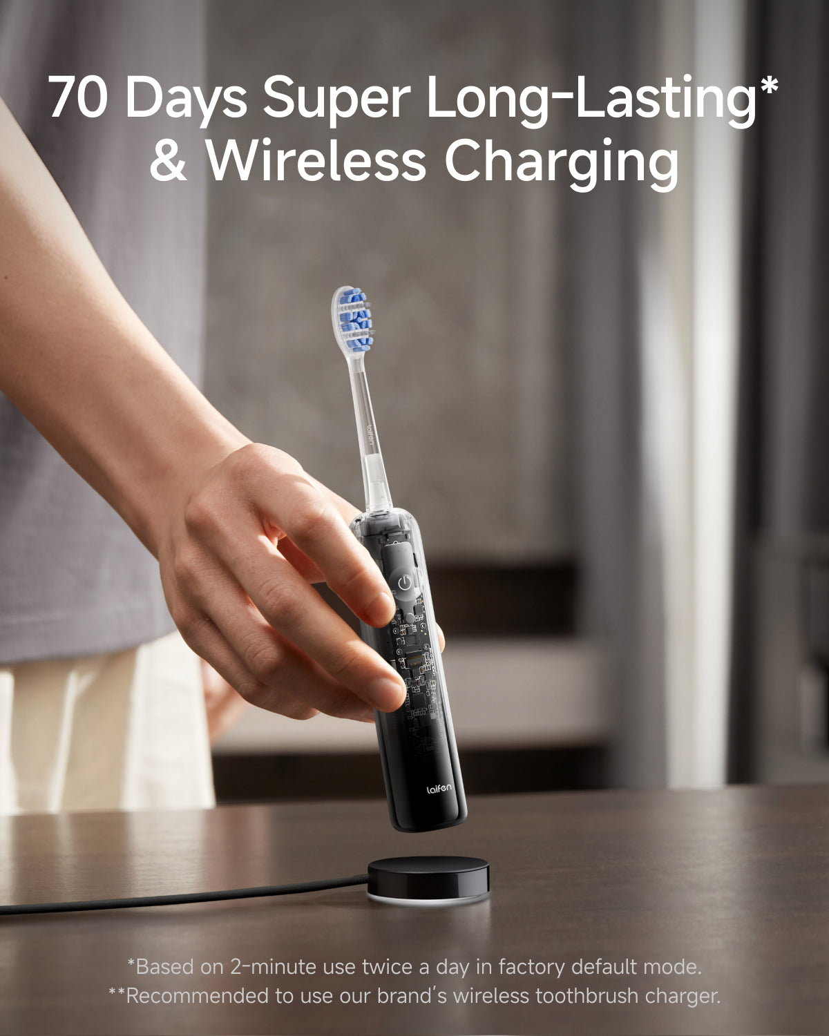 Laifen Wave Pro Electric Toothbrush - Transparent Black - 70-day battery and wireless charging
