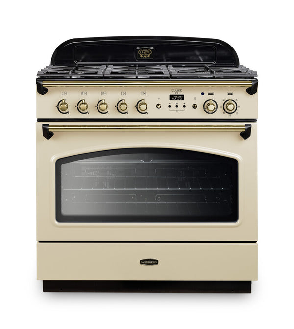 Rangemaster Classic FX 90 Dual Fuel range cooker in Cream with Brass trim
