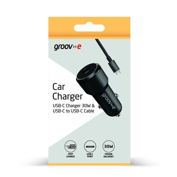 Groov-e 30W USB-C Car Charger with 1m USB-C Cable Black - official product image