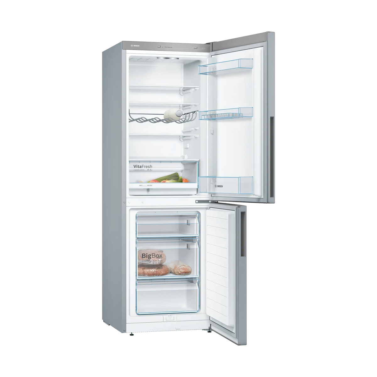 Bosch Series 4 Fridge Freezer - Stainless Steel Look - doors open showing fridge and freezer interior