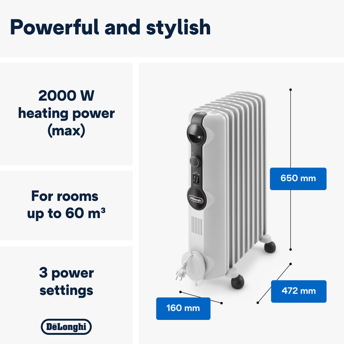De'Longhi Radia S Oil-Filled Radiator 2kW - 2000W, three power settings and dimensions