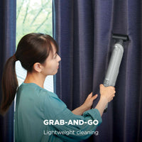 Shark WandVac Deluxe Pet Pro in use with the Duster Crevice Tool cleaning a curtain rail, captioned 'Grab-and-go, lightweight cleaning'