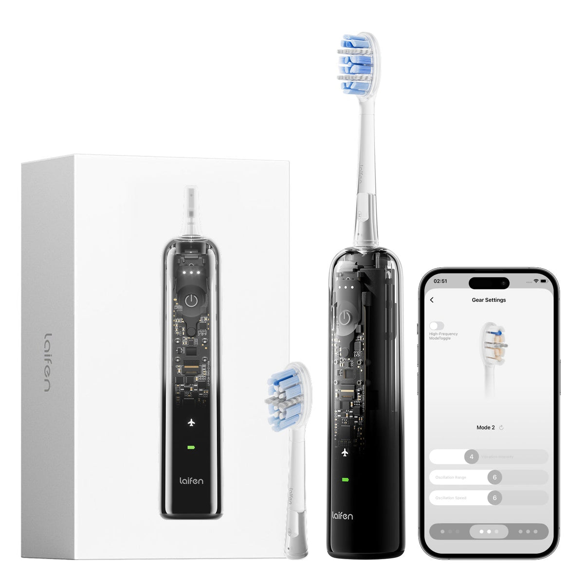 Laifen Wave Pro Electric Toothbrush - Transparent Black - with brush heads, charger and app