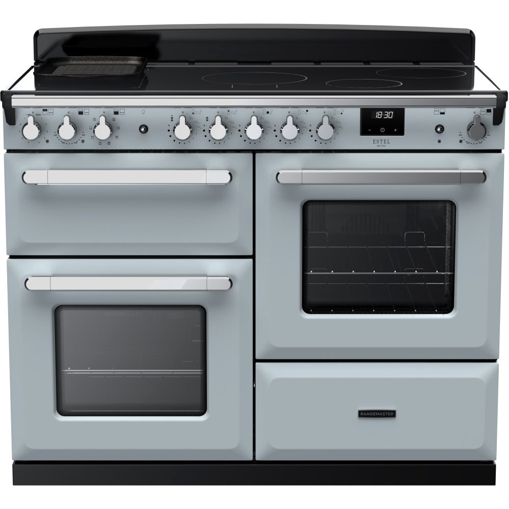 Rangemaster Estel Deluxe 110 Induction range cooker in Misty Blue with Chrome trim