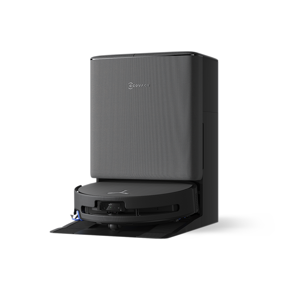 Ecovacs DEEBOT T90 PRO OMNI Robot Vacuum and Mop - Black - robot docked, angled