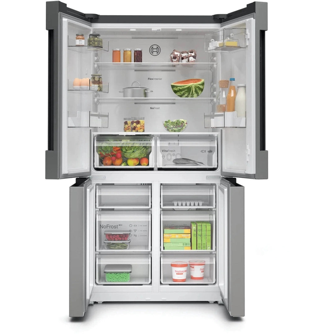 Bosch XXL KFN96VPEAG 4 door fridge freezer with the doors open, showing the food inside