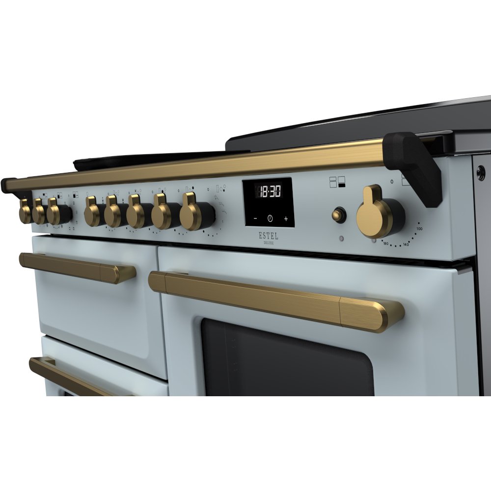 Rangemaster Estel Deluxe 110 Induction range cooker in Misty Blue with Brass trim