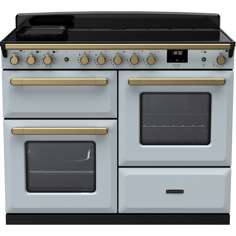 Rangemaster Estel Deluxe 110 Induction range cooker in Misty Blue with Brass trim