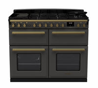 Rangemaster Estel Deluxe 110 Dual Fuel range cooker in Slate with Antique Brass trim