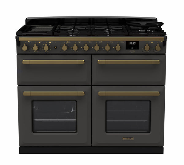 Rangemaster Estel Deluxe 110 Dual Fuel range cooker in Slate with Antique Brass trim