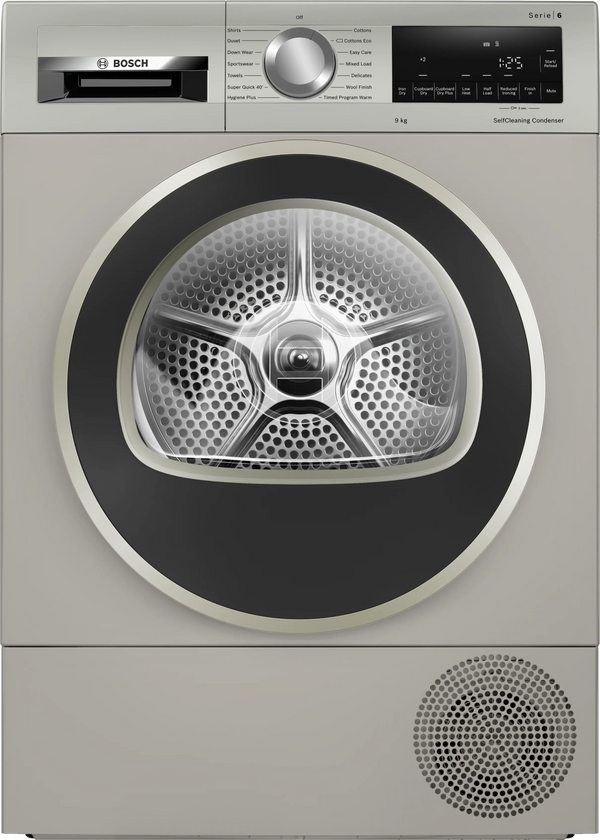 Bosch WQG245S9GB Series 6 9kg heat pump tumble dryer in Silver Inox