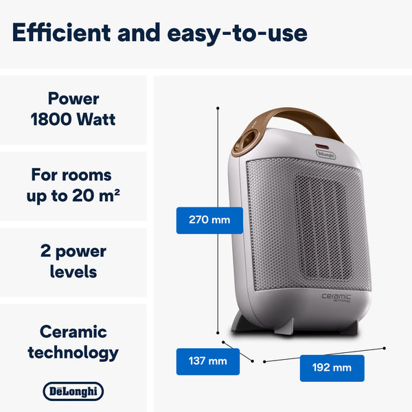 De'Longhi Capsule 1800W Fan Heater - White - 1800W, two power levels and dimensions