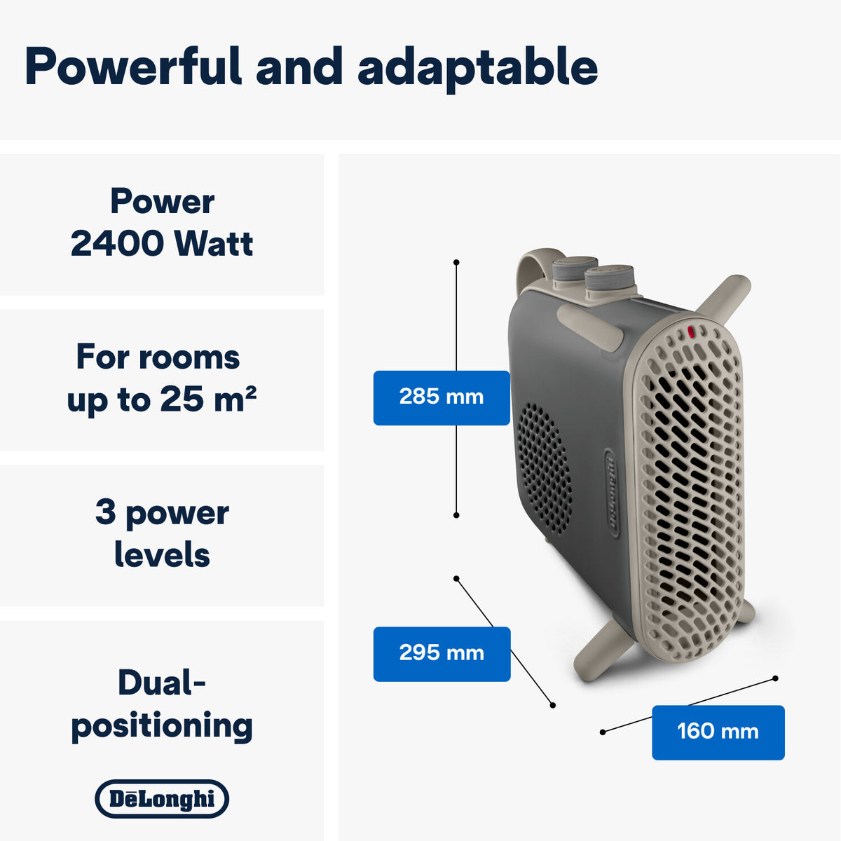 De'Longhi Capsule Fit 2400W Fan Heater - Grey - 2400W, three power levels and dimensions