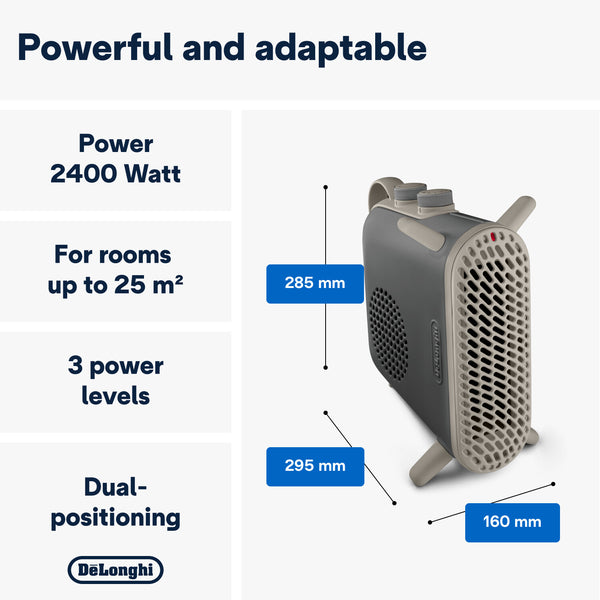 De'Longhi Capsule Fit 2400W Fan Heater - Grey - 2400W, three power levels and dimensions
