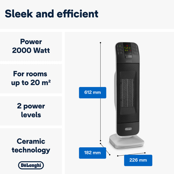 De'Longhi Tower Ceramic Fan Heater 2kW - 2000W, two power levels and dimensions