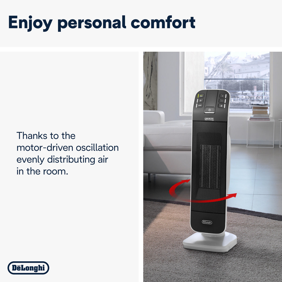 De'Longhi Tower Ceramic Fan Heater 2kW - oscillation for even warmth