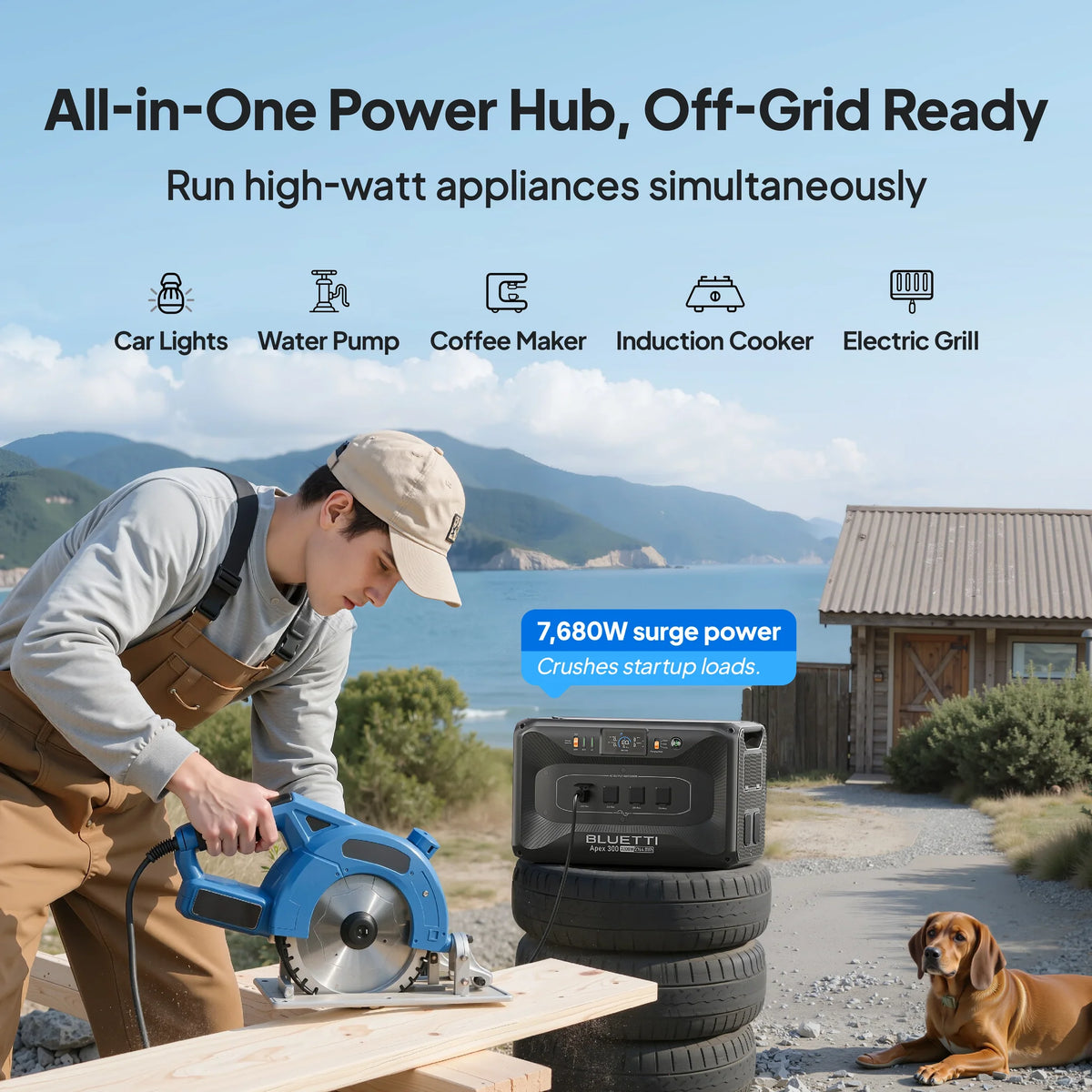 BLUETTI Apex 300 2,764.8Wh 3,840W Portable Power Station - powering a workshop