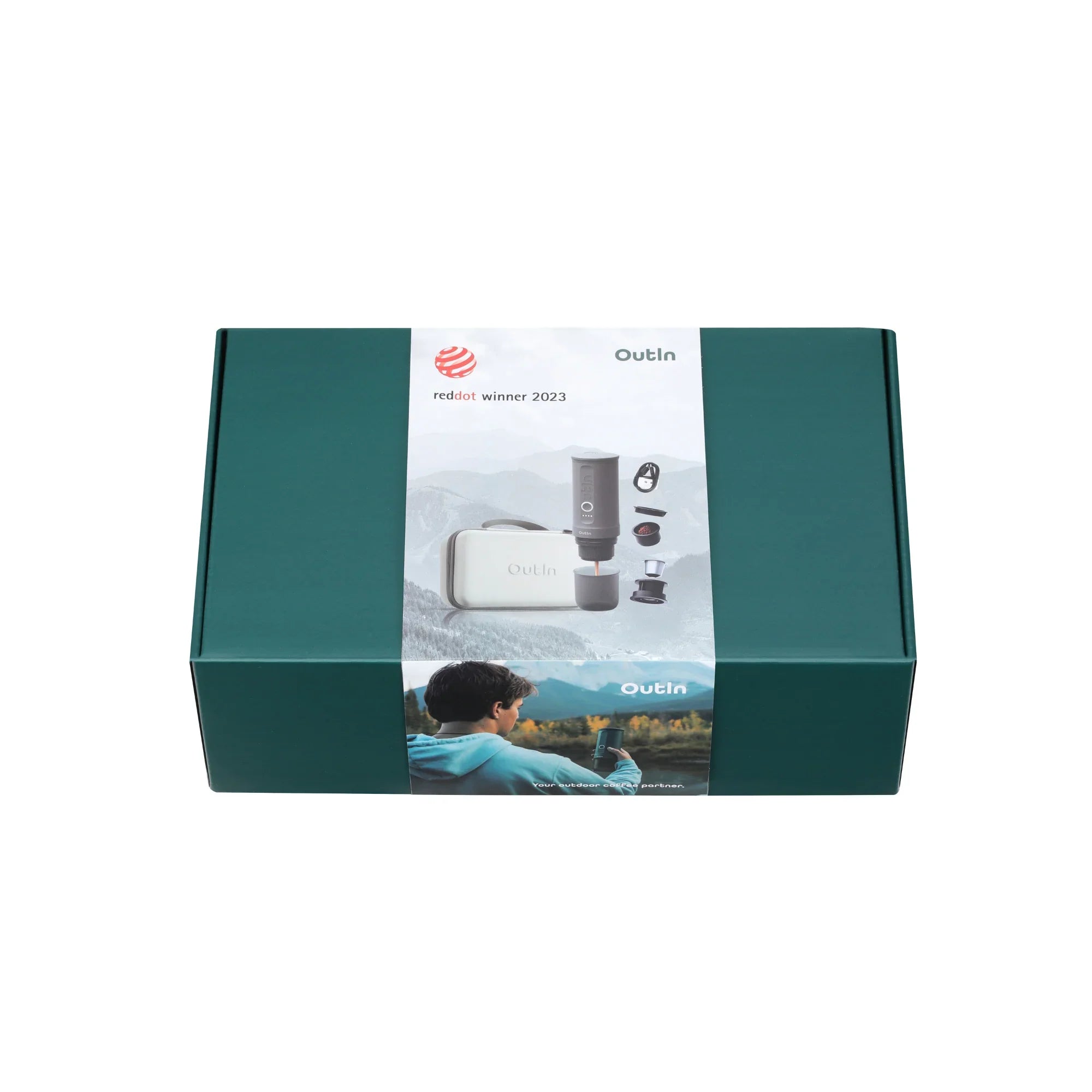 Outin Nano Forest Green portable espresso machine beside its Nano Protective Case with capsule storage