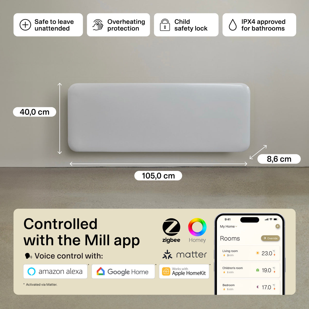 Mill Invisible Smart WiFi Panel Heater 1300W White product image