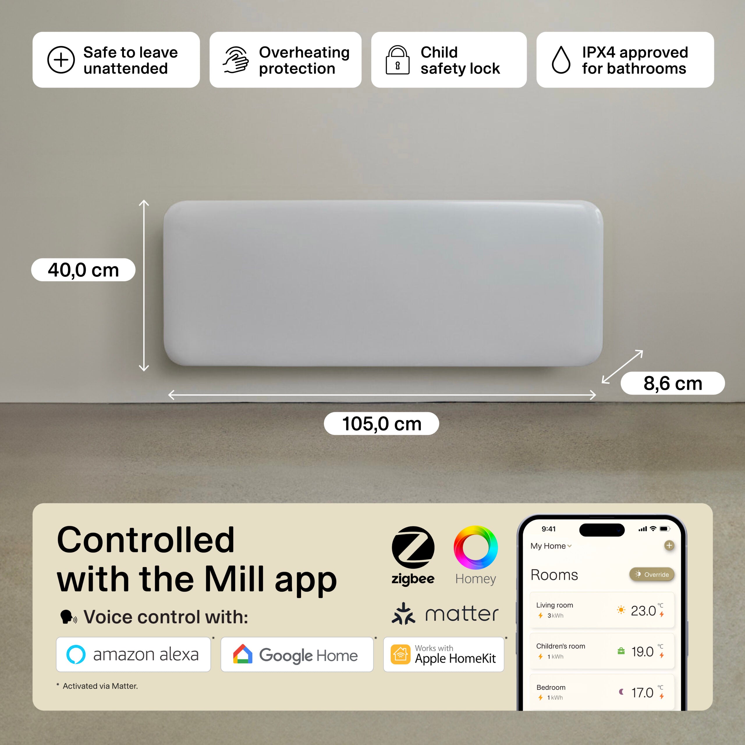 Mill Invisible Smart WiFi Panel Heater 1300W White product image