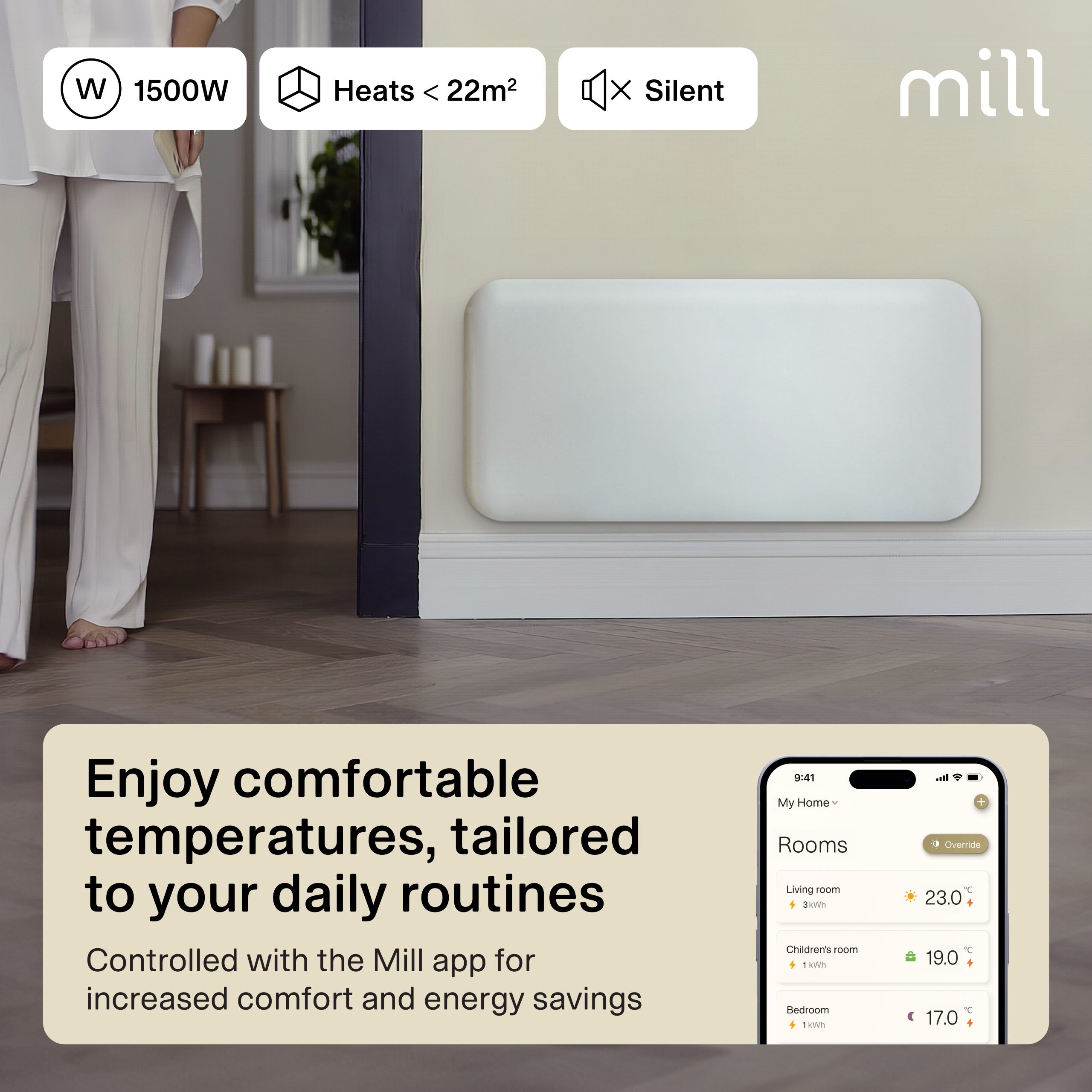 Mill Invisible Smart WiFi Panel Heater 1500W Portable and Wall-Mounted White product image