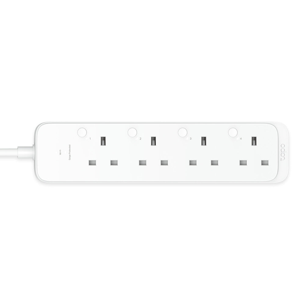 Tapo P304M smart Wi-Fi power strip — top-down product view, 4 sockets and 4 USB ports