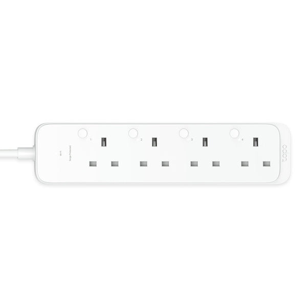 Tapo P304M smart Wi-Fi power strip — top-down product view, 4 sockets and 4 USB ports